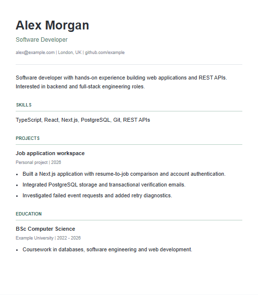 JobPilot project resume template preview with example content